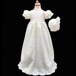 Baby Girls Ivory Floral Lace Long Gown & Bonnet